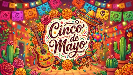 Obraz premium Festive Cinco de Mayo background with colorful papel picado banners, marigold flowers, sombrero, guitar, pinata and maracas. Mexican holiday celebration illustration featuring cacti and roses for