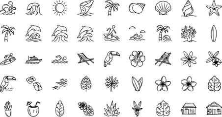 Fototapeta premium Vector Graphic Illustration of Hand-Drawn Tropical Vacation and Summer Icons Set for Travel Beach Holiday Designs