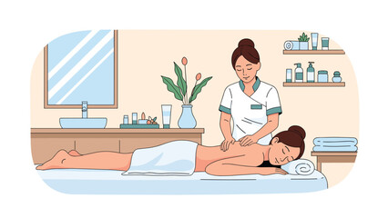 Fototapeta premium Woman receiving a professional back massage from a female therapist in a peaceful spa or wellness center environment with plants.