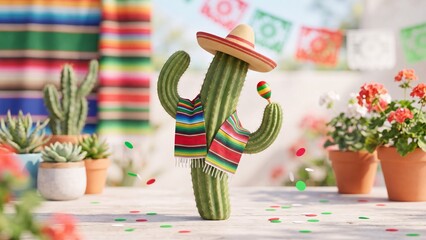 Naklejka premium Cactus dressed in sombrero and colorful serape holding maraca. Festive Mexican plant decoration for Cinco de Mayo. Holiday celebration theme with pinata paper confetti flowers and succulents on