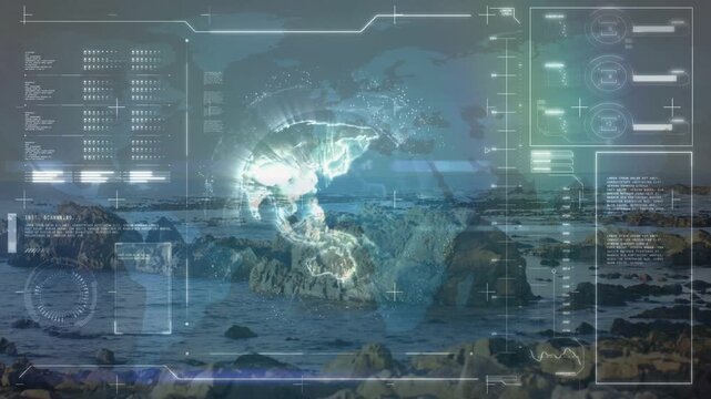 Vertical video: HUD booting, hologram forming over coast, pulsing, morphing into ring for tech scan