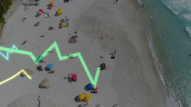 On frame start neon zigzag lines appearing over left beach, tracing peaks and visualizing waves