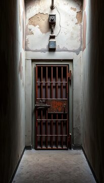 Gritty, stained walls and a rusty metal door create a stark, unwelcoming prison cell interior,  stained,  bleak
