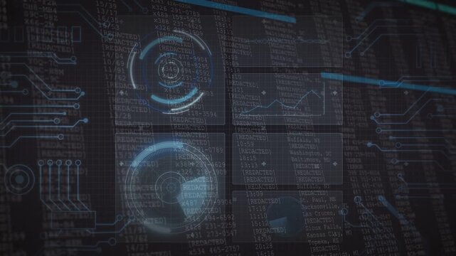 Vertical video: HUD group fading in code, rotating rings, switching graph, blue tracer for tech UI