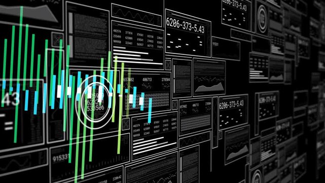 Data wall revealing tiled gauges left bars initiating waveform sweeping across panels showing data