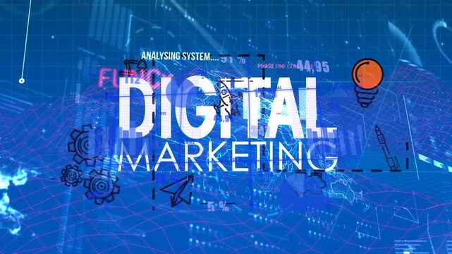 Analysing system starting DIGITAL MARKETING forming, pulsing while icons moving, showing live data