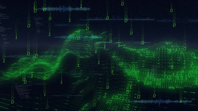 Green point-cloud landscape forming on data feed start, visualizing technology with falling binary