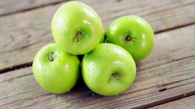 Vertical video: Camera moving focus and framing, showing green apples on plank with glyphs, food