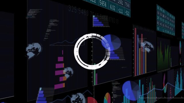 Camera panning right, wall revealing bars, tickers, ring expanding over bars for finance