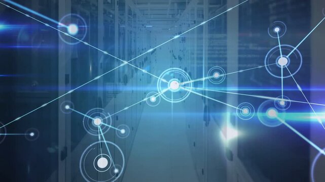 Node appearing, emitting beams over server aisle, HUD spawning links, forming web showing network