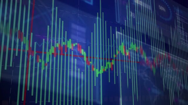 Vertical video: Finance chart updating on live feed, teal bars shifting, price rising for trading