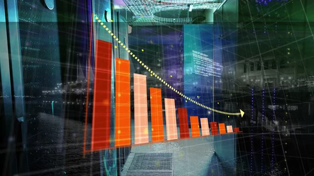 On data update 3D bar chart populating while dotted yellow arrow drawing, showing finance decline