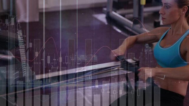 Vertical video: Camera opening on rower, woman rowing with grip, charts overlaying showing metrics