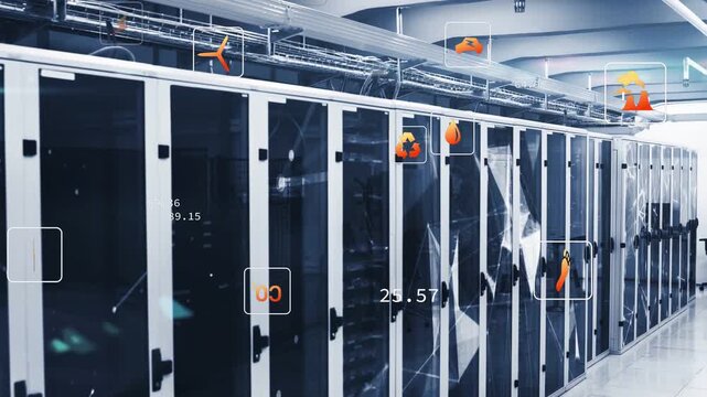 Vertical video: Plug icon appearing server racks showing HUD icons and metrics monitoring systems