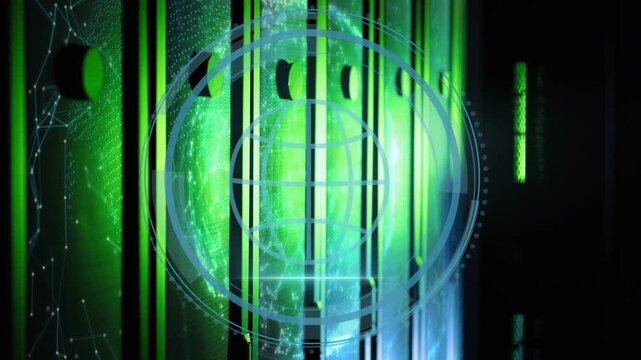 On system startup holographic globe emerging on server rack, cyber security HUD scanning network