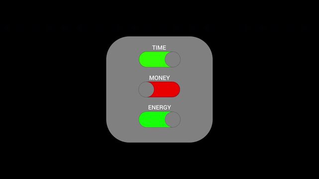 A visual representation of resource allocation with time, energy, and money, depicted by three toggle switches.