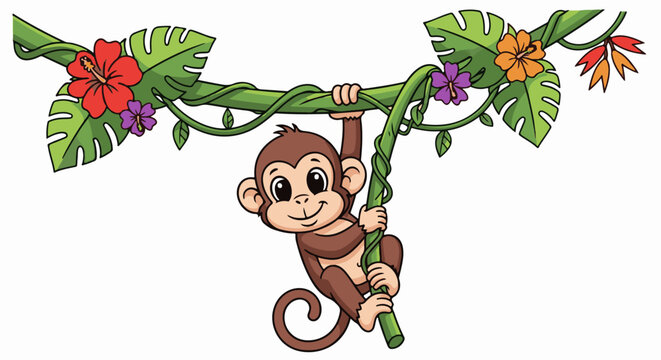 A cute cartoon monkey swings on vines surrounded by tropical flowers and leaves