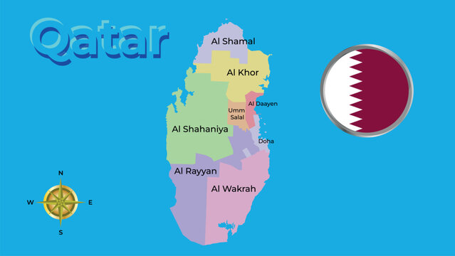 English: Detailed administrative map of Qatar with municipalities, city names, Doha capital and circular flag icon.