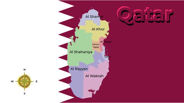 English: Detailed map of Qatar with municipalities and city names on national flag background.