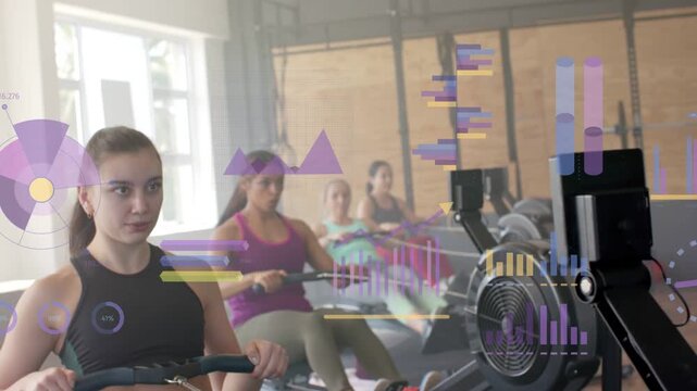 Vertical video: Lead rower starting pull, charts showing on screens, tracking data as class syncing