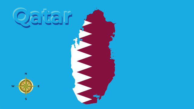Silhouette map of Qatar with national flag colors and country name on blue background.