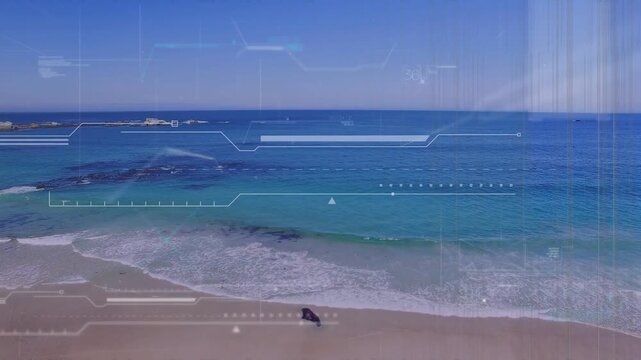 Marine mammal moving along sandy shoreline, HUD scan detecting motion and projecting tech graphics