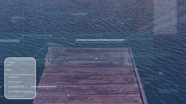 HUD activating, wooden dock staying centered over calm water, code panels sliding, aligning for web