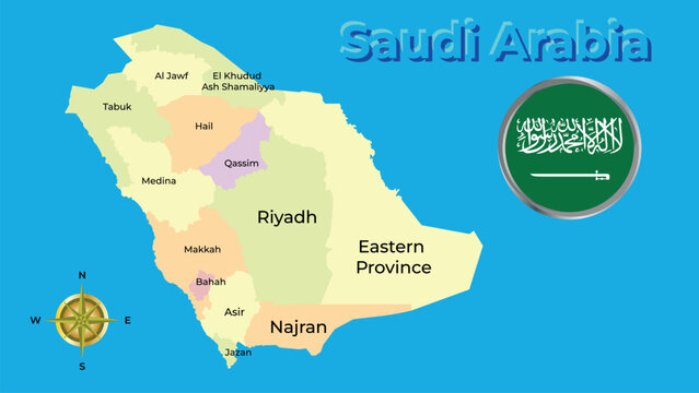 Detailed political map of Saudi Arabia with provinces, major cities, Riyadh capital and national flag.