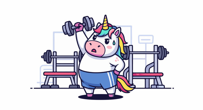 A cute, chubby unicorn lifting weights in a gym