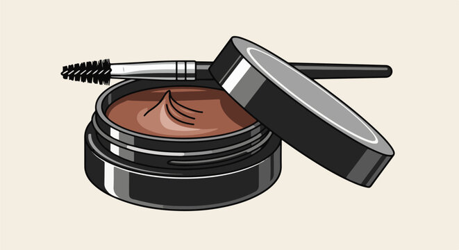 A brown brow pomade with a black lid and brush is displayed on a light beige background