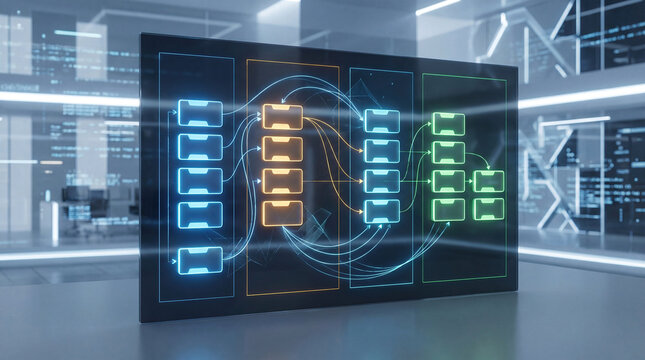 Agile project management scrum iteration boards abstract concept. Futuristic digital interface with data flow and connections displayed.