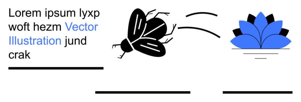 Nature, movement, symbolism, graphic design, education, biodiversity. A black fly with motion lines approaching a blue lotus flower. Nature and movement concept