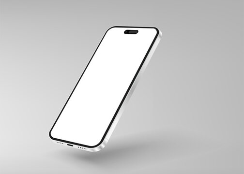Modern smartphone mockup with blank white screen floating on a light gray background studio lighting.