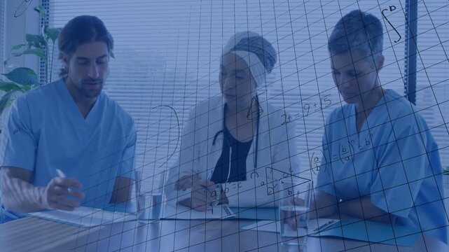 Medical team annotating papers during case review as faint grid and equations growing over papers