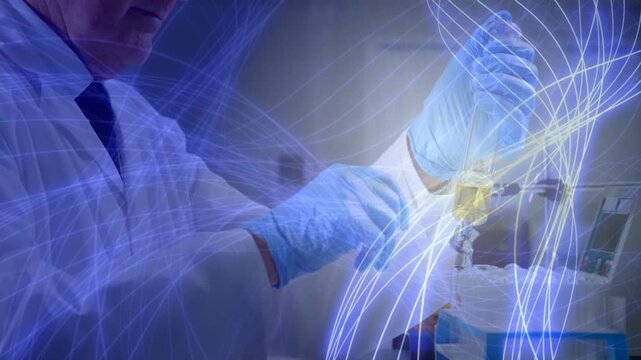 Vertical video: Sr lab tech reaching vial activating blue overlay drawing yellow via pipet for test