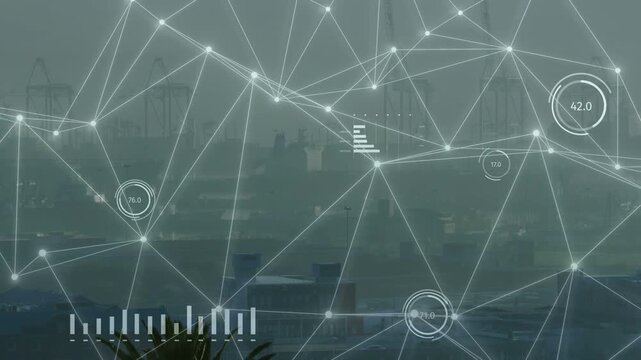 Vertical video: Data feed starting, mesh animating over foggy port, gauges updating for monitoring