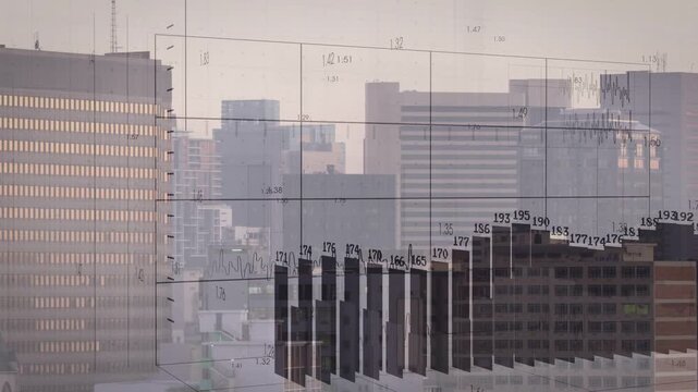 Data feed initiating overlay over skyline, grid appearing, bars growing into 3D finance chart