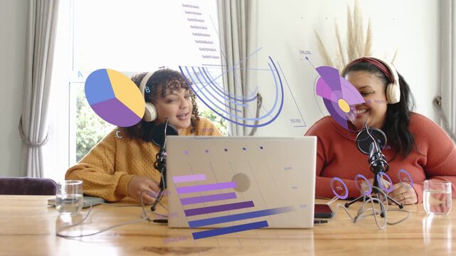 Vertical video: Left cohost reading and speaking into mic causing moving charts of podcast data