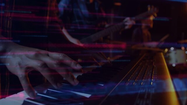 Band starting rhythm, woman playing keys speeding runs to build song as neon streaks intensifying