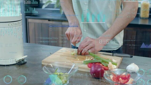 Vertical video: Placing stalk starts hands chopping into slices HUD overlays show metrics for prep
