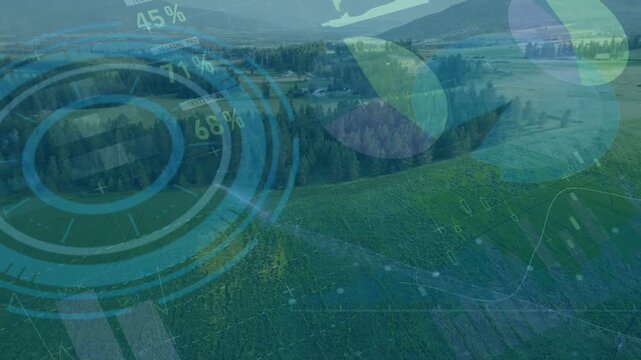 Vertical video: Drone starting sensors over fields radar HUD with pie charts monitoring crop health