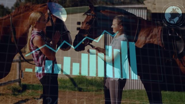 Vertical video: HUD popup, team holding horses adjusting tack as HUD shifting % to radar monitoring
