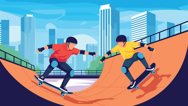 Two young boys riding skateboards on an orange halfpipe ramp in a modern city skate park under a bright blue sky with skyscrapers.