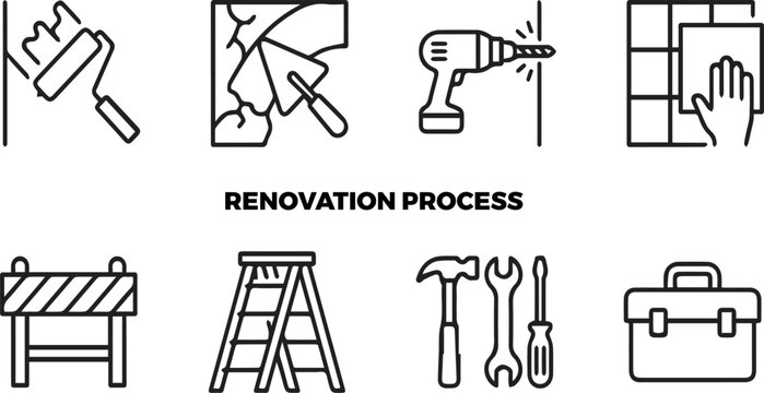 Home renovation process icon set, construction tools and remodeling symbols, 8 black line vector icons for house repair and maintenance