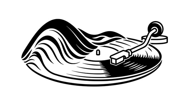 Vinyl record player with stylus and wavy lines, black and white illustration featuring turntable, music, audio with drawing and graphic elements for