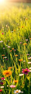 Soft green meadow with vibrant wildflowers and gentle sun rays,  sunlight,  idyllic