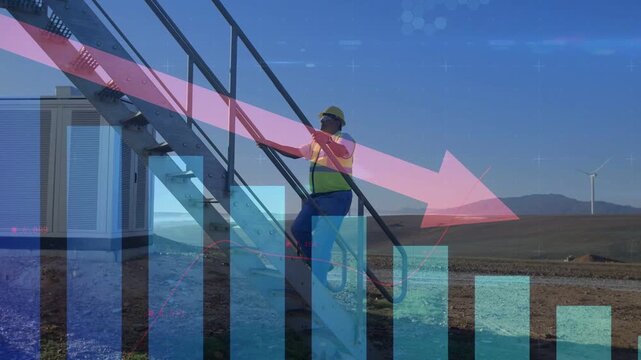 Vertical video: Site tech placing foot, climbing stairs to inspect, chart overlay with pink arrow