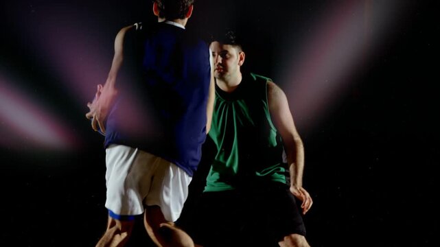 Vertical video: Still ball near left corner sparking blue player dribbling, elevating to score