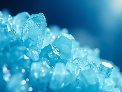 Vibrant ice blue crystal formations shimmering with light, macro shot,  facet,  natural