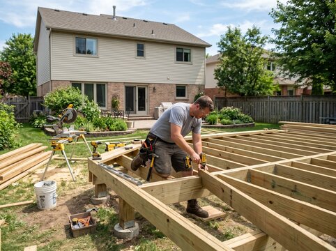 Male carpenter working on wooden deck construction in backyard, with tools and materials visible, residential home in the background under clear blue sky